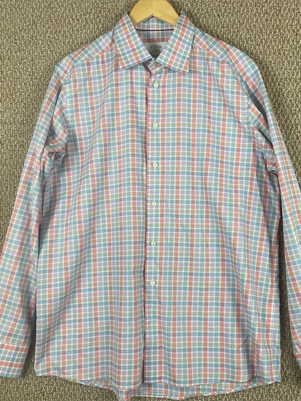 Eton Men’s 17 43 Button Up Blue Pink Plaid Long Sleeve Work Office T459